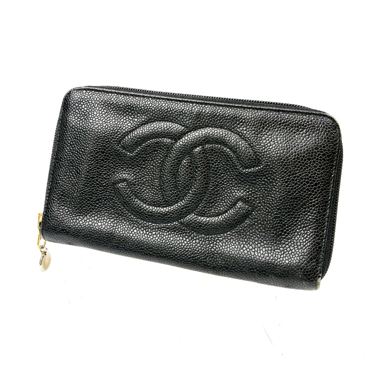 極美品　CHANEL デカココ　キャビアスキン　ラウンドファスナー長財布 CHANEL キャビアスキン デカココマーク ラウンドファスナー長財布
