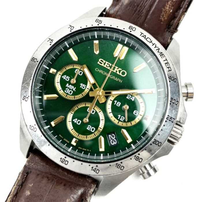 セイコー 8T63-00D0 メンズ腕時計 クロノグラフ クォーツ QZ グリーン文字盤 革ベルト 買5500