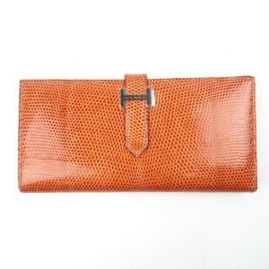 エルメス リザード ベアンスフレ 長財布 □L刻印 2008年 ロングウォレット オレンジ系 シルバー金具 レディース HERMES