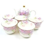 宇野千代 優美 1301 ポット茶器 UC-8037 湯呑×5客 花柄 ピンク系 食器 カップ 急須 茶器 買500