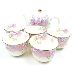 宇野千代 優美 1301 ポット茶器 UC-8037 湯呑×5客 花柄 ピンク系 食器 カップ 急須 茶器 買500
