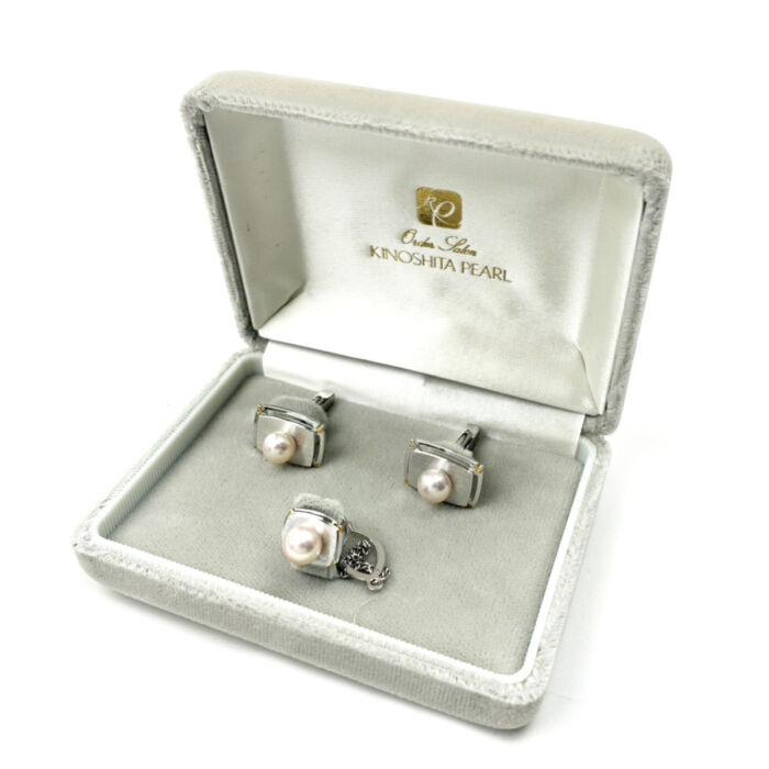 木下パール SILVER カフス+タイピン パール径約7.2mm メンズ アクセサリー ビジネス シルバーカラー KINOSHITA PEARL 買1000