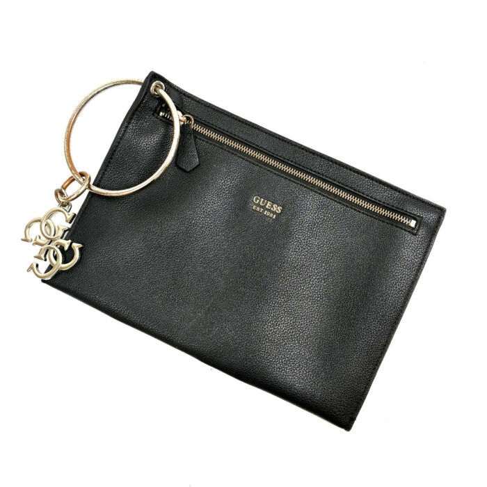 ゲス チャーム付き クラッチバッグ ブラック系 レザー セカンドバッグ GUESS 買1000